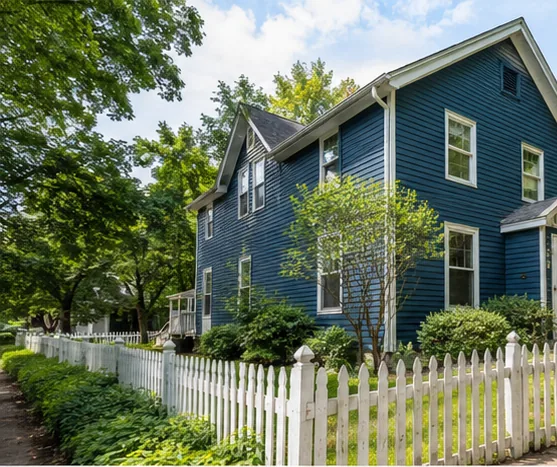 Blue-sided home with white fence in Blaine MN