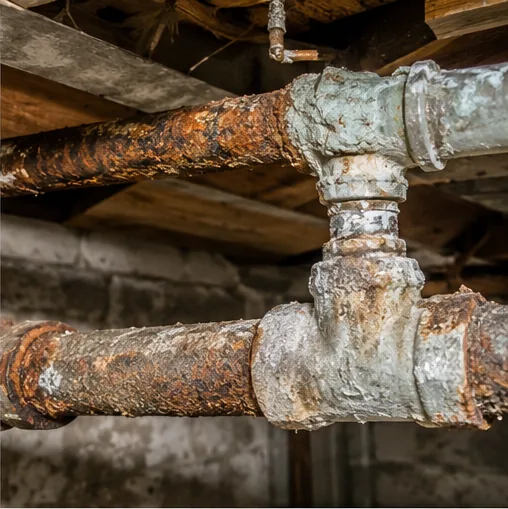 Corroded cast iron drain pipe inspected in a Blaine home
