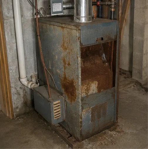Corroded furnace flue inspected during an HVAC inspection
