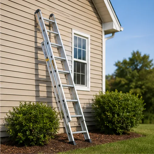 Inspector ladder set against siding for exterior inspection