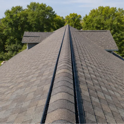 Roof ridge line inspected close-up in Blaine MN