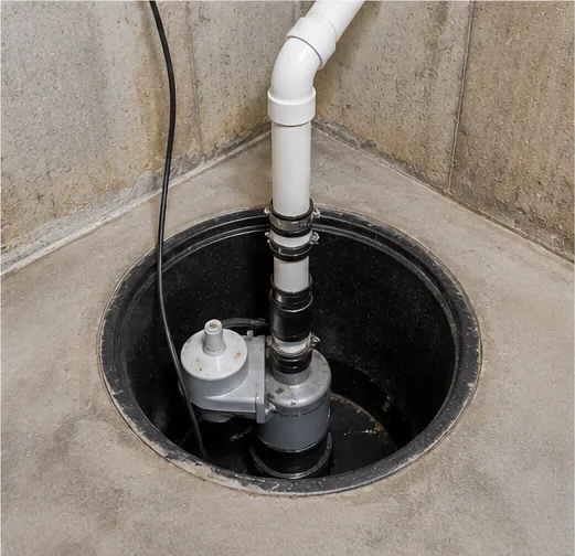 Sump pump in a basin inspected in a Blaine basement